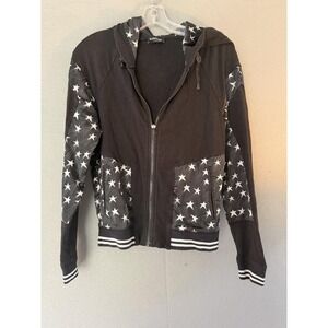 Bebe Hoodie Womens S Black Star Print Full Zip Raglan Jacket Pockets Striped Hem